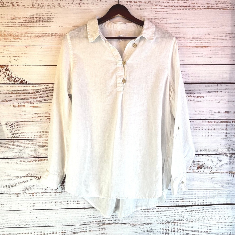 Vintage Sigrid Olsen Linen Tunic Blouse L White 100% Linen Coastal Minimalist